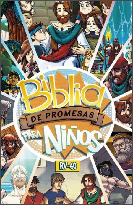** "Portada colorida de la Biblia de Promesas para Niños con ilustraciones de personajes bíblicos y el texto 'RV 60' en la parte inferior."