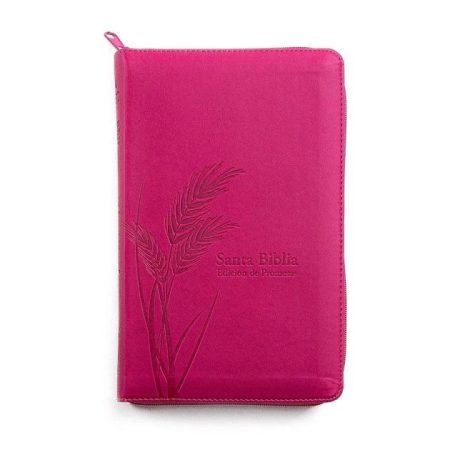 ** Biblia de color rosa con cierre, adornada con un diseño de espigas grabadas en la portada.