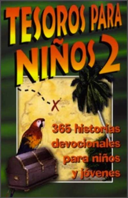 Tesoros para Niños 2" con un loro y un cofre del tesoro frente a un mapa y palmeras.