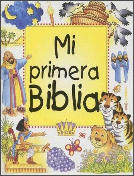 ** Portada ilustrada del libro "Mi Primera Biblia" con imágenes de escenas bíblicas y animales.