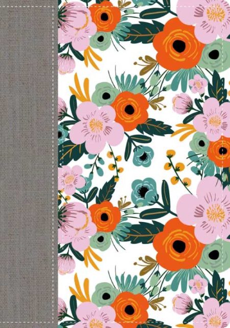 ** Portada de cuaderno con diseño floral en tonos anaranjados, rosados y verdes, acompañado de un lateral gris.