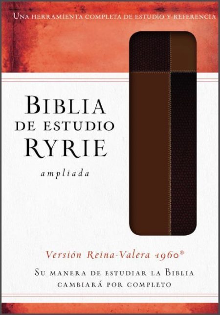** Portada de la Biblia de Estudio Ryrie Ampliada, Versión Reina-Valera 1960, con una franja marrón en vertical y texto en tonos oscuros sobre un fondo claro.