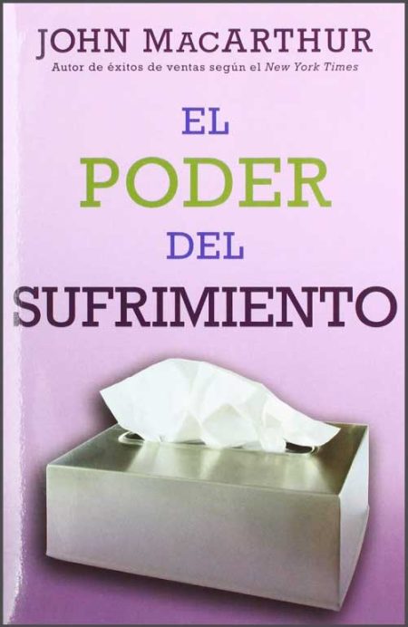 El Poder del Sufrimiento" de John MacArthur, con una caja de pañuelos como imagen central.