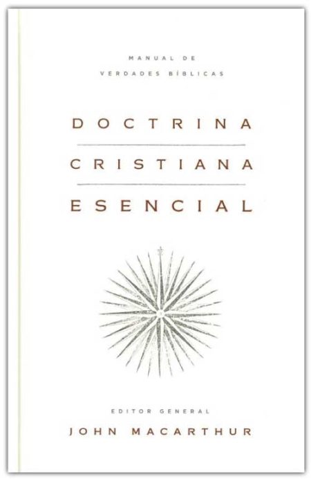 ** Portada del libro titulado "Doctrina Cristiana Esencial". El diseño es minimalista con fondo blanco y texto en letras doradas. Incluye un gráfico radial en el centro.