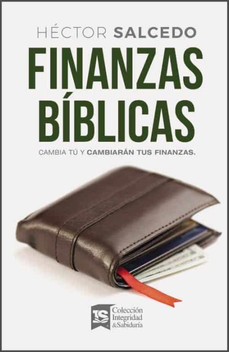 Finanzas Bíblicas" por Héctor Salcedo, con una billetera marrón ilustrada y tarjetas visibles.