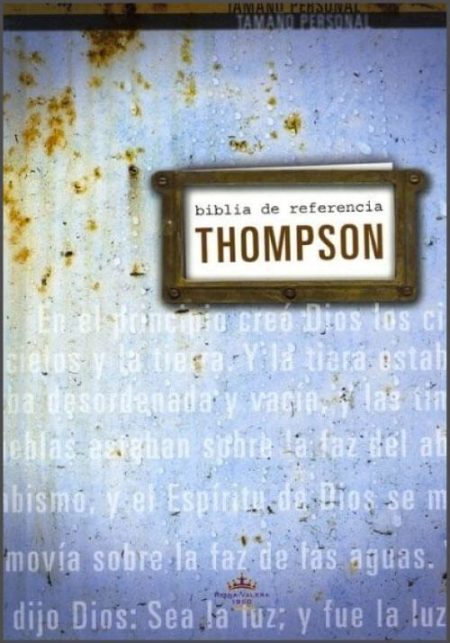 ** Portada de la Biblia de Referencia Thompson con un diseño en tonos azules y letras en color blanco, mostrando texto relacionado al Génesis con un estilo antiguo y un marco metálico en el centro.