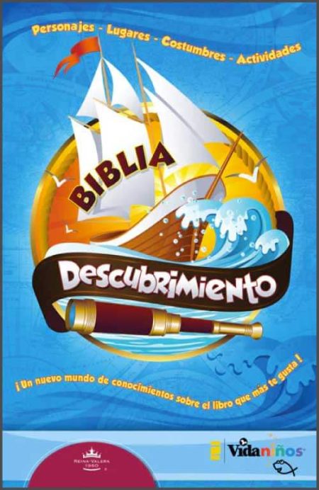 ** Portada ilustrada de la Biblia Descubrimiento con un barco de vela navegando.