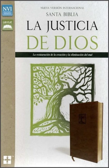 ** Portada de la Biblia "La Justicia de Dios", con un diseño de un árbol estilizado en verde y un atril marrón al lado.