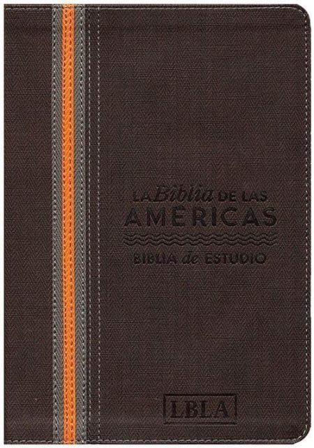 ** Portada de la Biblia de las Américas, edición de estudio, con diseño marrón y líneas verticales naranjas.