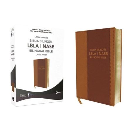 ** Imagen de una Biblia Bilingüe LBLA/NASB con letra grande, mostrando la portada en tonos marrones y su caja.