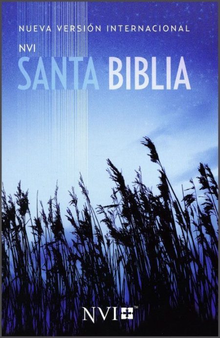 ** Portada de la Santa Biblia en la Nueva Versión Internacional, con un fondo de cielo azul y siluetas de plantas.