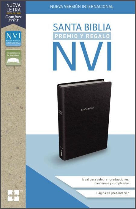 ** Portada de la Biblia Nueva Versión Internacional, edición "Premio y Regalo", con diseño en azul y blanco, y la imagen de una Biblia negra.