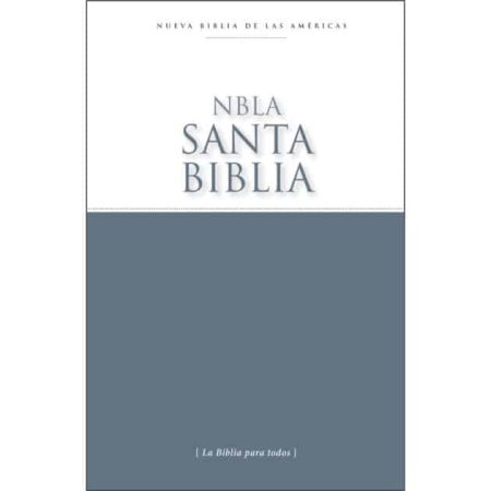 ** Portada de la NBLA Santa Biblia, edición Nueva Biblia de las Américas, sobre un fondo gris y blanco.