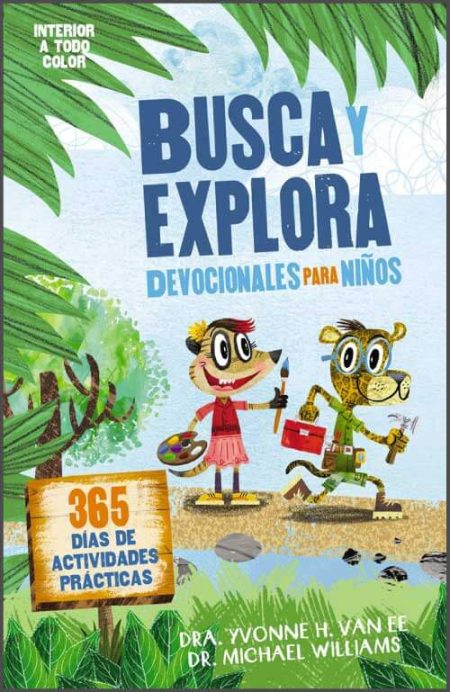  "Portada del libro 'Busca y Explora: Devocionales para Niños' con dibujos de dos animales aventureros en una isla tropical."