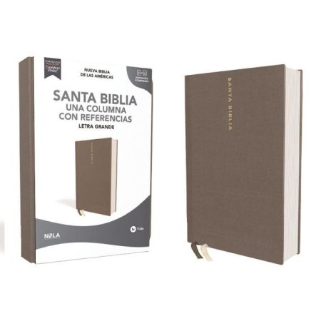 ** Imagen de la Santa Biblia en una edición de letra grande, con diseño de una columna y cubierta en tonos marrones.
