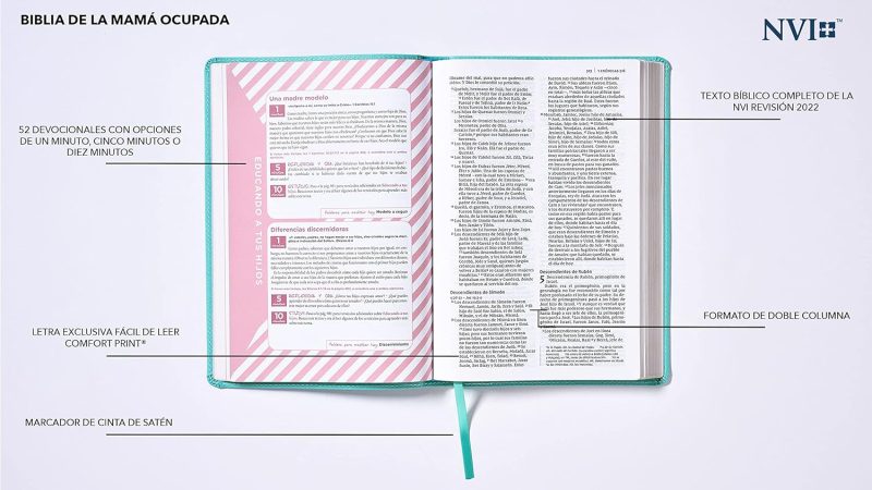 ** Imagen de la Biblia de la Mamá Ocupada abierta, mostrando características como las devociones marcadas, el diseño de dos columnas y un marcador de cinta de satén.
