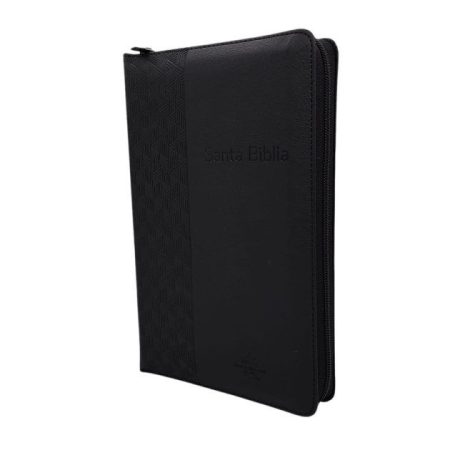 ** Imagen de una Biblia negra con una funda de cierre, destacando un diseño texturizado en el lado izquierdo.