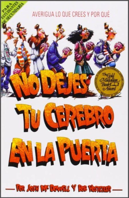 No Dejes Tu Cerebro en la Puerta" con ilustraciones coloridas de personas y letras grandes.