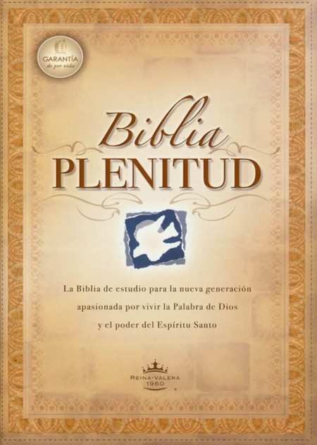 ** Portada de la Biblia Plenitud con fondo beige y detalles dorados, logo de una paloma blanca en el centro.