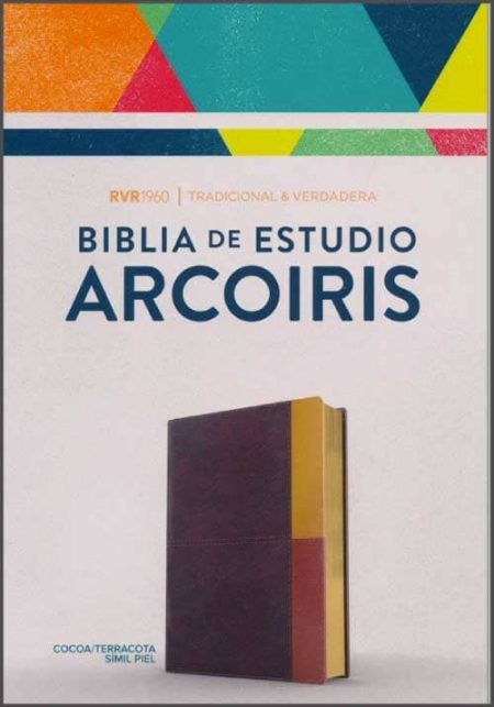 ** Portada de la Biblia de Estudio Arcoiris con un diseño de triángulos de colores en la parte superior.