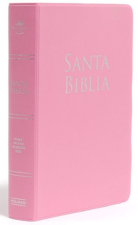 ** Imagen de una Biblia de color rosa con tapa dura y letras plateadas que dicen "Santa Biblia".