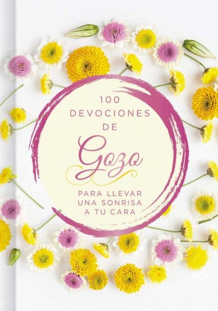 ** Portada de un libro titulado "100 Devociones de Gozo" rodeado de flores amarillas y rosadas.