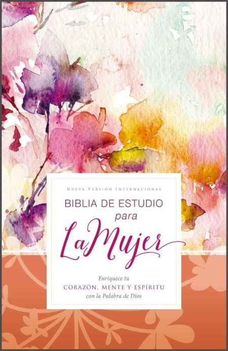 ** Portada de la "Biblia de Estudio para la Mujer" con diseño floral en acuarela y texto destacado.