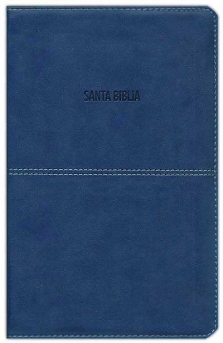 ** Una Biblia con una cubierta de cuero azul y el texto "Santa Biblia" en la parte frontal.