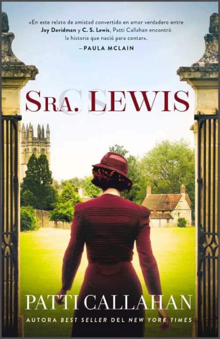 Sra. Lewis" de Patti Callahan, mostrando a una mujer de espaldas con sombrero rojo, ante un paisaje verde y una arquitectura clásica.