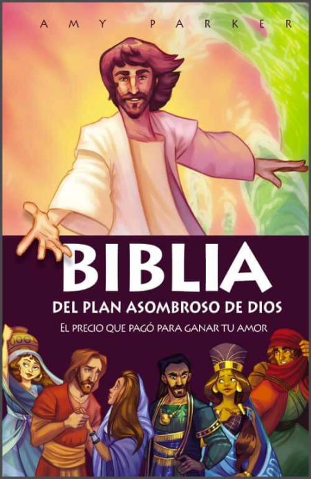 ** Portada ilustrada de un libro titulado "Biblia del plan asombroso de Dios" con figuras bíblicas y colores vibrantes.