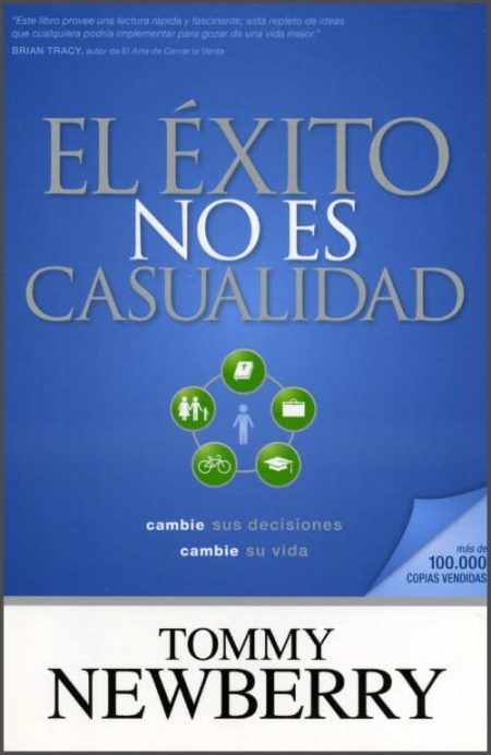 El Éxito No es Casualidad" de Tommy Newberry, con un fondo azul y varios iconos circulares que representan diferentes aspectos de la vida.