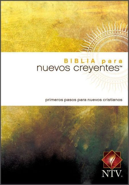 ** Portada de la Biblia para Nuevos Creyentes con diseño abstracto en tonos amarillos y marrones, texto en blanco y logotipo de NTV.