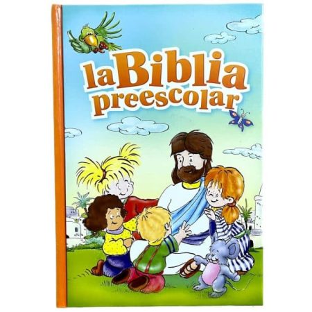 ** Portada del libro ilustrado "La Biblia Preescolar" con niños rodeando a una figura central bajo un cielo azul.