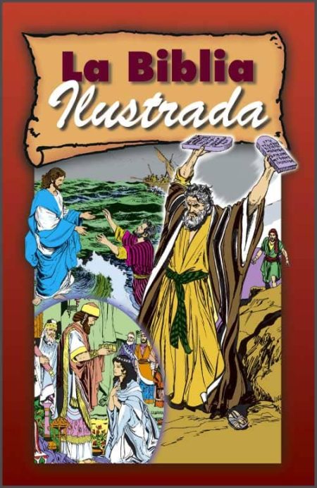 La Biblia Ilustrada" con ilustraciones de escenas bíblicas, incluyendo una figura en el centro levantando tablas de piedra y otras escenas alrededor.