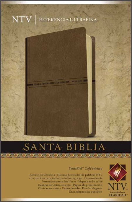 ** Portada de la Santa Biblia NTV en color café, edición ultrafina, con diseño elegante.