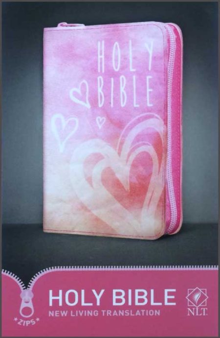 **Texto Alt:** Biblia de cubierta rosa con diseño de corazones, con el texto "Holy Bible" en la portada.