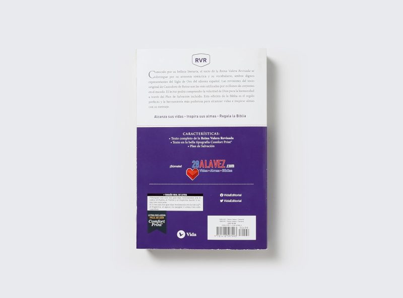 ** Contraportada de un libro con fondo púrpura, mostrando detalles del ISBN y redes sociales de la editorial.