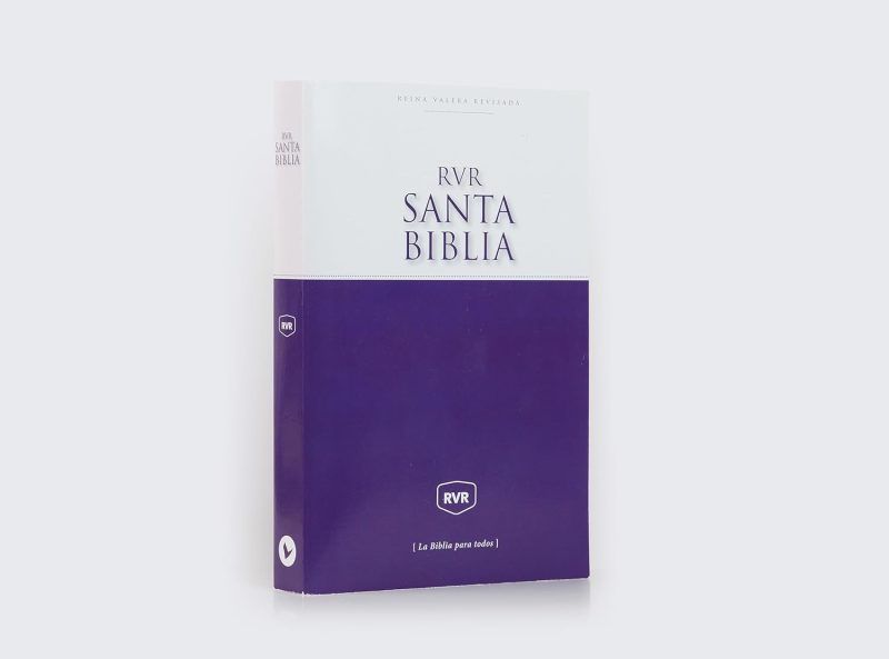 ** Cubierta de la Santa Biblia RVR en colores blanco y morado, con texto "La Biblia para todos".