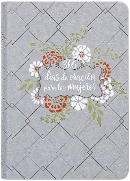 ** Portada de un libro titulado "365 días de oración para las mujeres" con diseño floral sobre fondo gris.