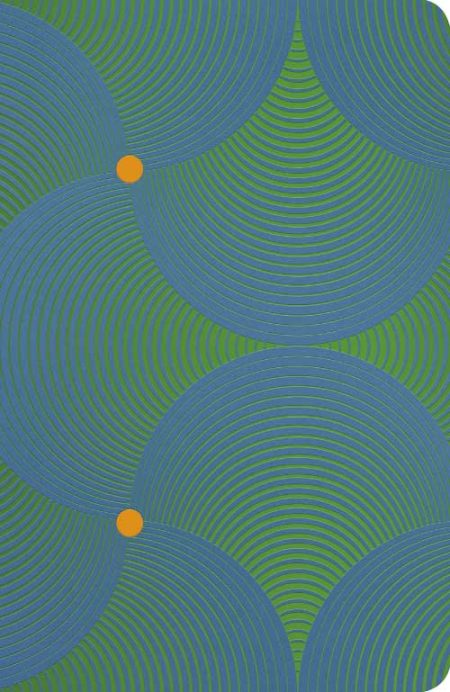 ** Diseño geométrico con semicírculos azules y verdes, intersectados por puntos naranjas.