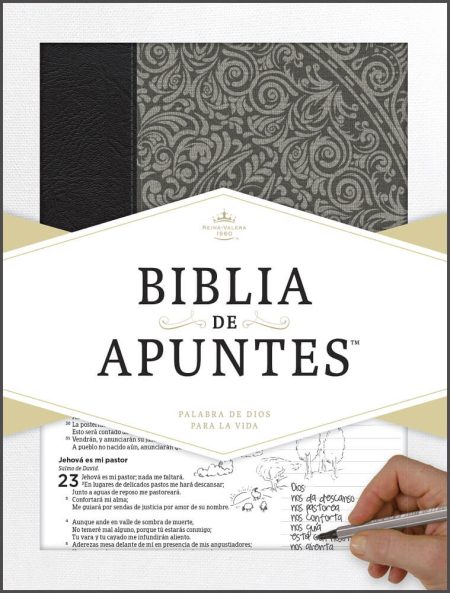 ** Portada de la Biblia de Apuntes con diseño elaborado en tapa, mostrando un ejemplo de página con espacio para anotaciones.