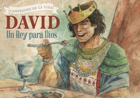 ** Ilustración de David, un rey bíblico, disfrutando de una comida. Viste una corona dorada y una túnica adornada, mientras sostiene una cuchara.