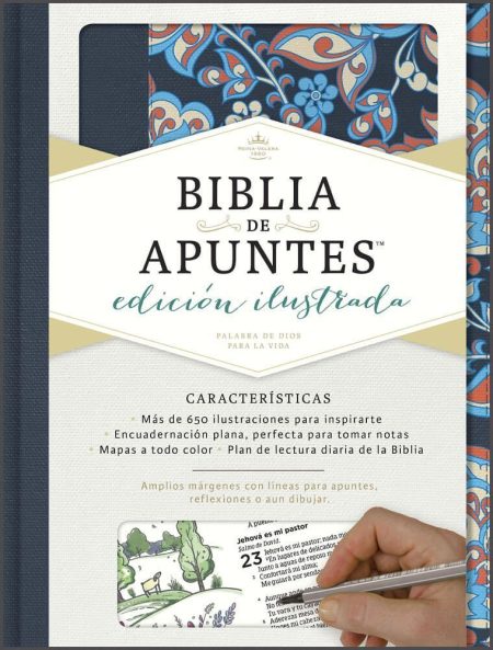 ** Portada de la Biblia de Apuntes, Edición Ilustrada, mostrando un diseño en tonos azules y detalles florales.