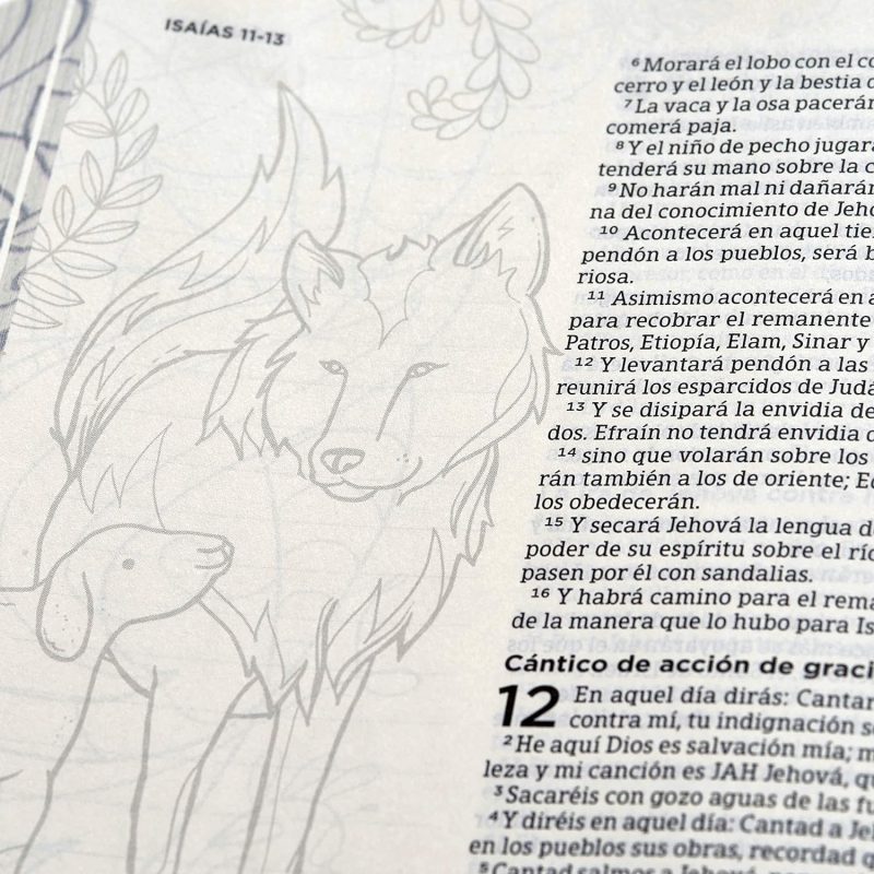 ** "Ilustración de un lobo y un cordero junto a texto bíblico de Isaías 11:6-12."