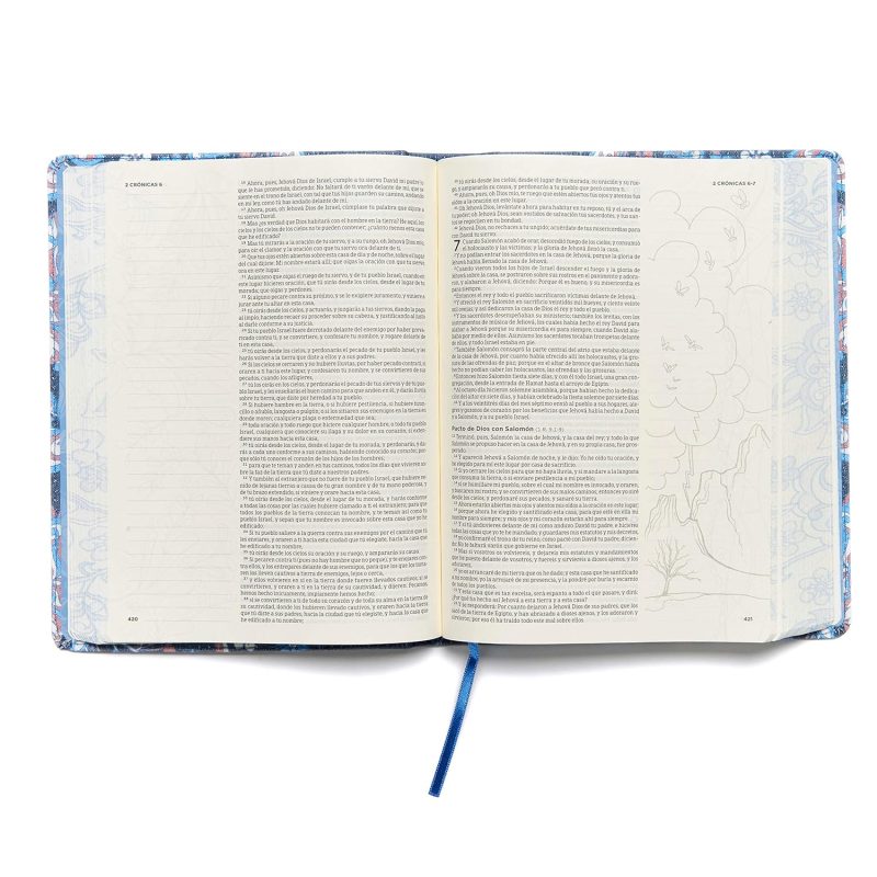 ** Una Biblia abierta mostrando texto y un esquema de ilustración en la página derecha, con un borde azul floral y un marcador de cinta azul.