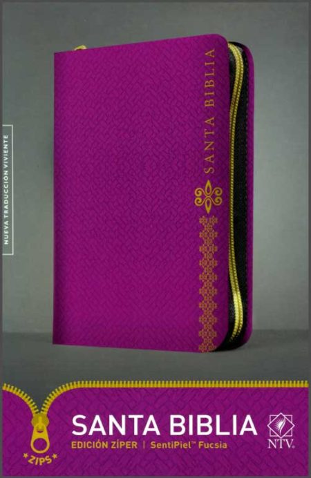 ** Biblia de color fucsia con cierre dorado, mostrada en posición vertical sobre fondo gris. Incluye la inscripción "Santa Biblia" y el logotipo de NVI en la portada.