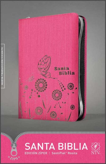 ** Biblia de color rosa con cierre de cremallera, decorada con un diseño floral y una paloma.
