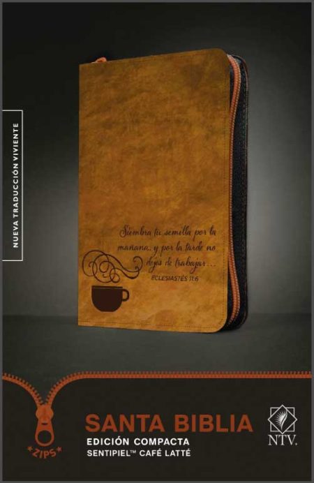 ** Biblia en edición compacta con cubierta marrón y diseño de taza de café.