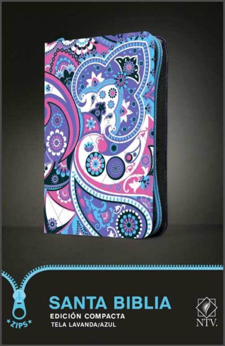 ** Imagen de una edición compacta de la Santa Biblia con un diseño de tela en tonos lavanda y azul, con un patrón de estilo paisley.