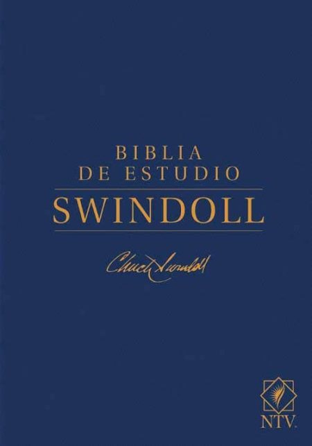 ** Portada azul de la Biblia de Estudio Swindoll con letras doradas que incluyen el nombre Swindoll y una firma.